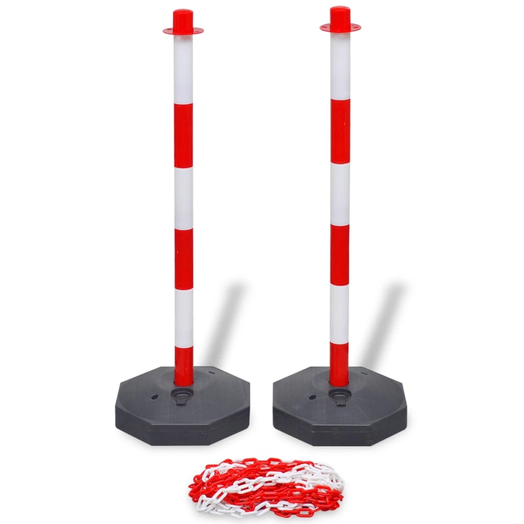 Verzinkte kettingpalen rood-wit met zware voet -7kg.- (set van 6 palen