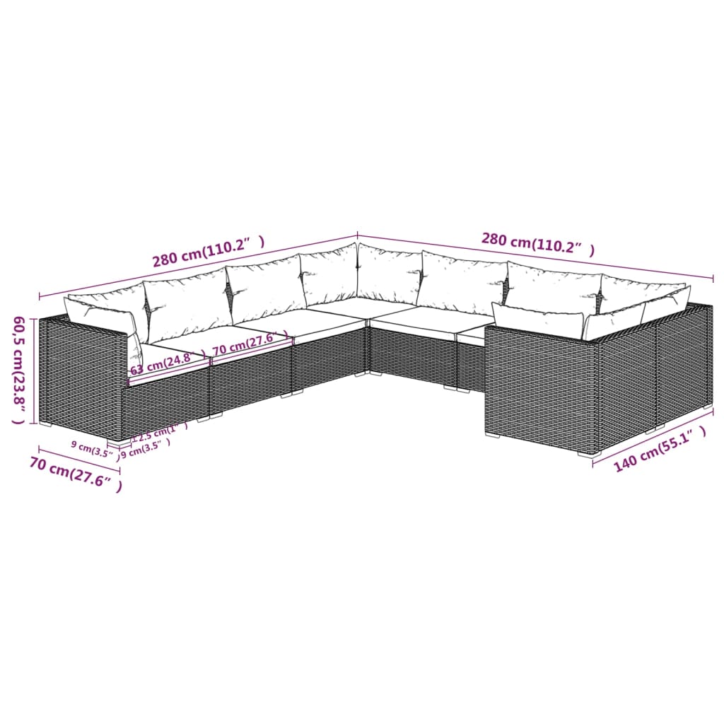 vidaXL 8-delige Loungeset met kussens poly rattan zwart