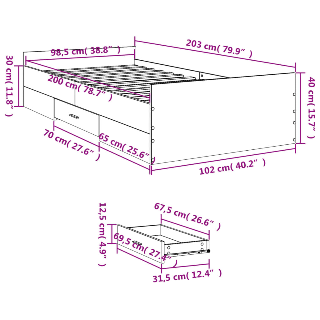 vidaXL Bedframe met lades bewerkt hout sonoma eikenkleurig 100x200 cm