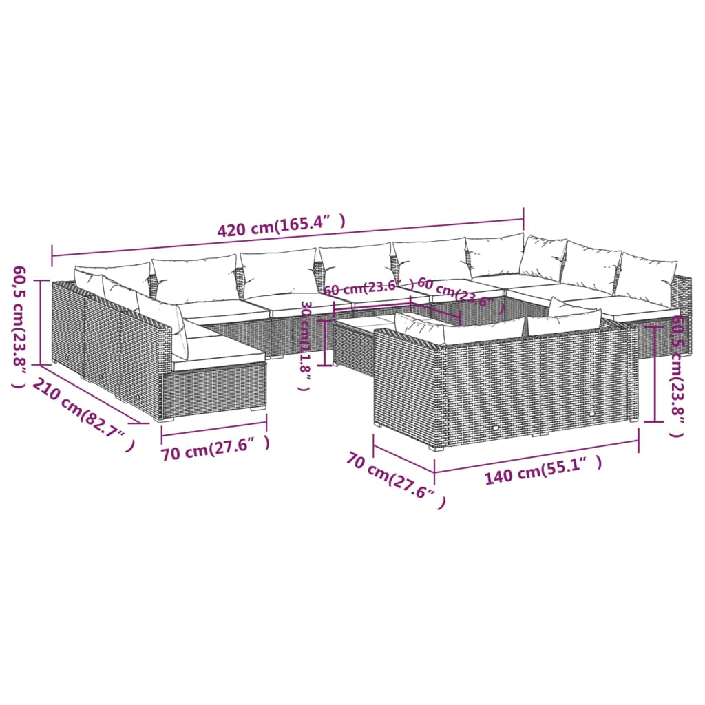 vidaXL 13-delige Loungeset met kussens poly rattan grijs