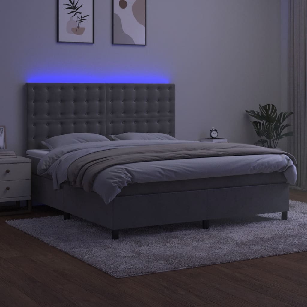 vidaXL Boxspring met matras en LED fluweel lichtgrijs 180x200 cm