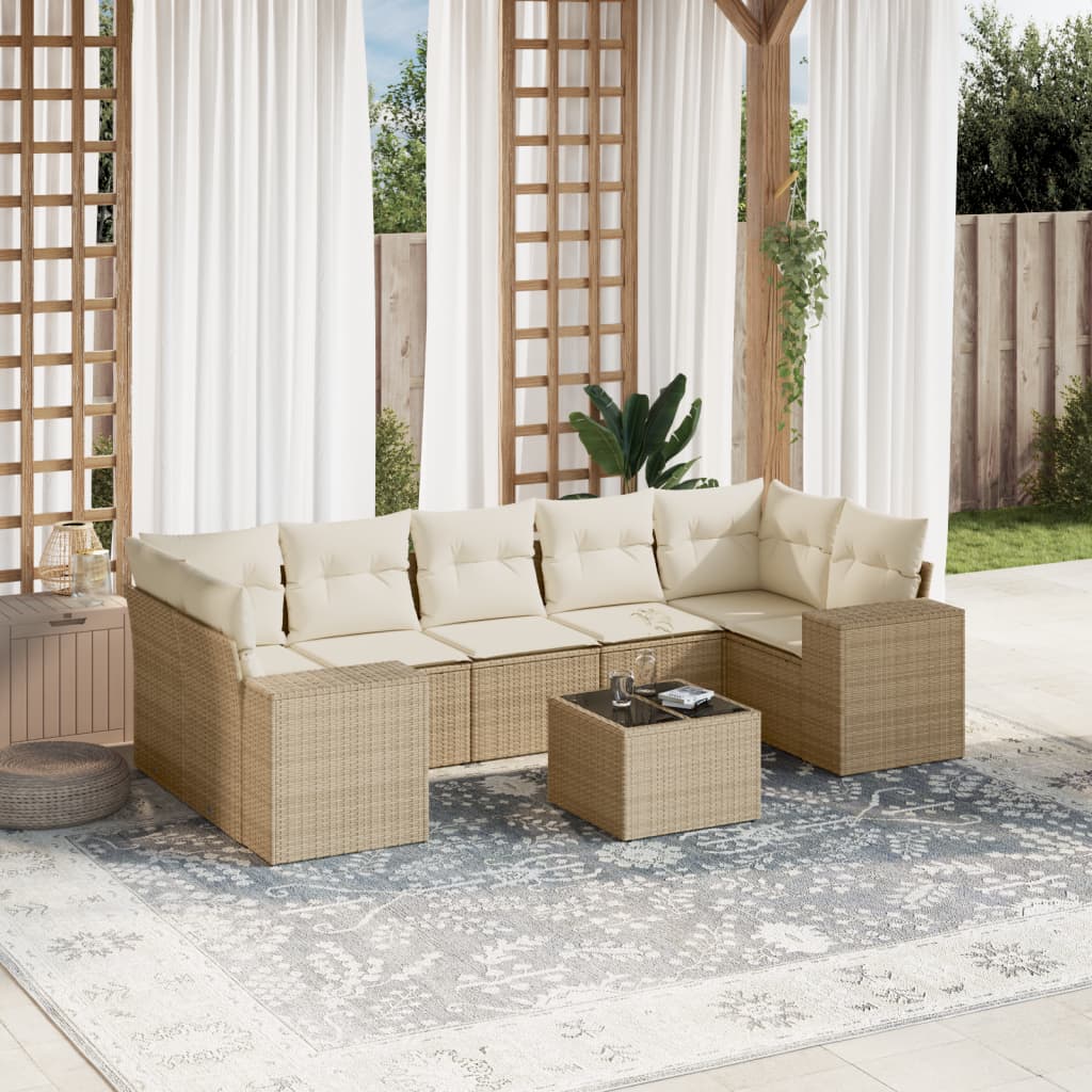 vidaXL 8-delige Loungeset met kussens poly rattan beige