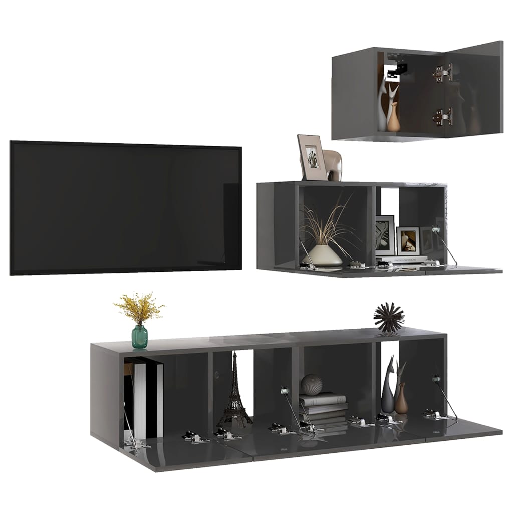 vidaXL 4-delige Tv-meubelset spaanplaat hoogglans grijs