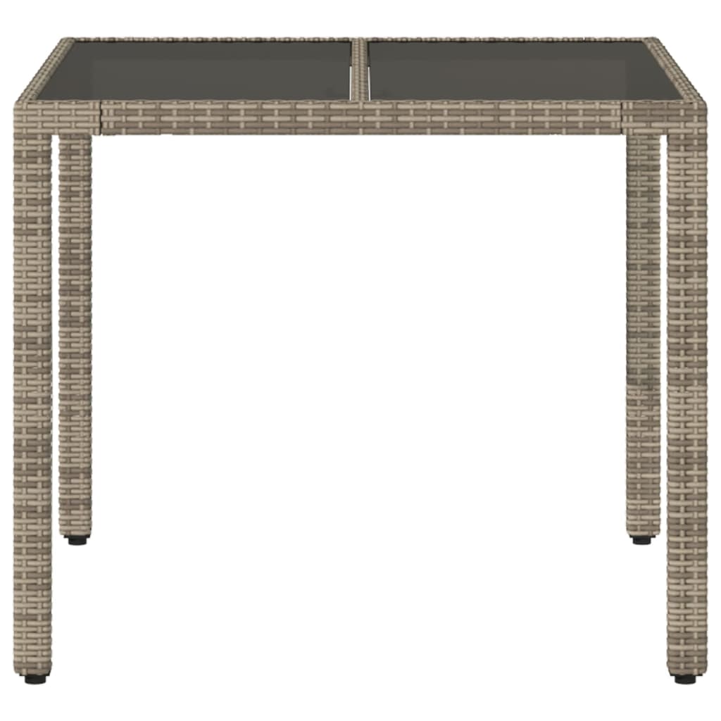 vidaXL Tuintafel met glazen blad 90x90x75 cm poly rattan grijs