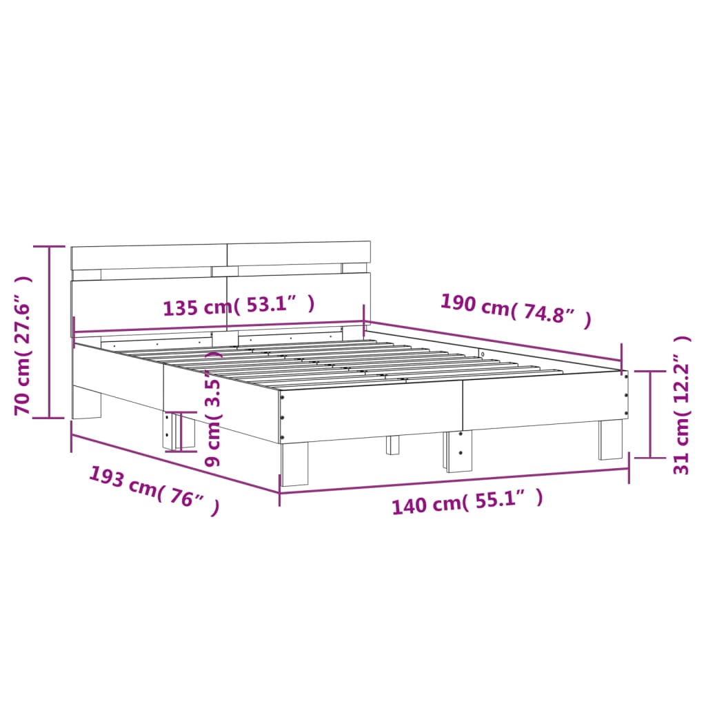 vidaXL Bedframe met hoofdeinde en LED bruin eikenkleur 135x190 cm