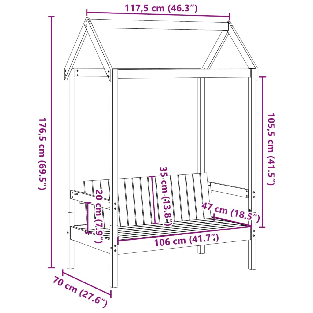 vidaXL Bank met dak 117,5x70x176,5 cm massief grenenhout wasbruin