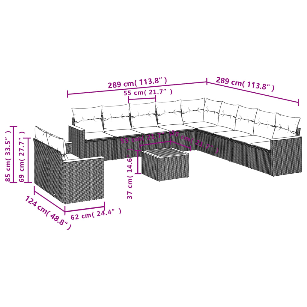 vidaXL 12-delige Loungeset met kussens poly rattan zwart