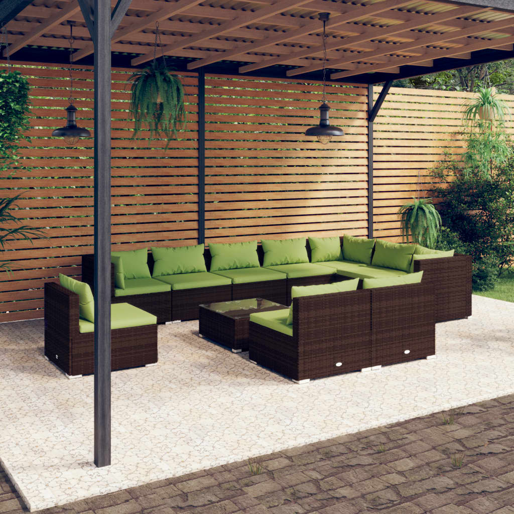 vidaXL 11-delige Loungeset met kussens poly rattan bruin