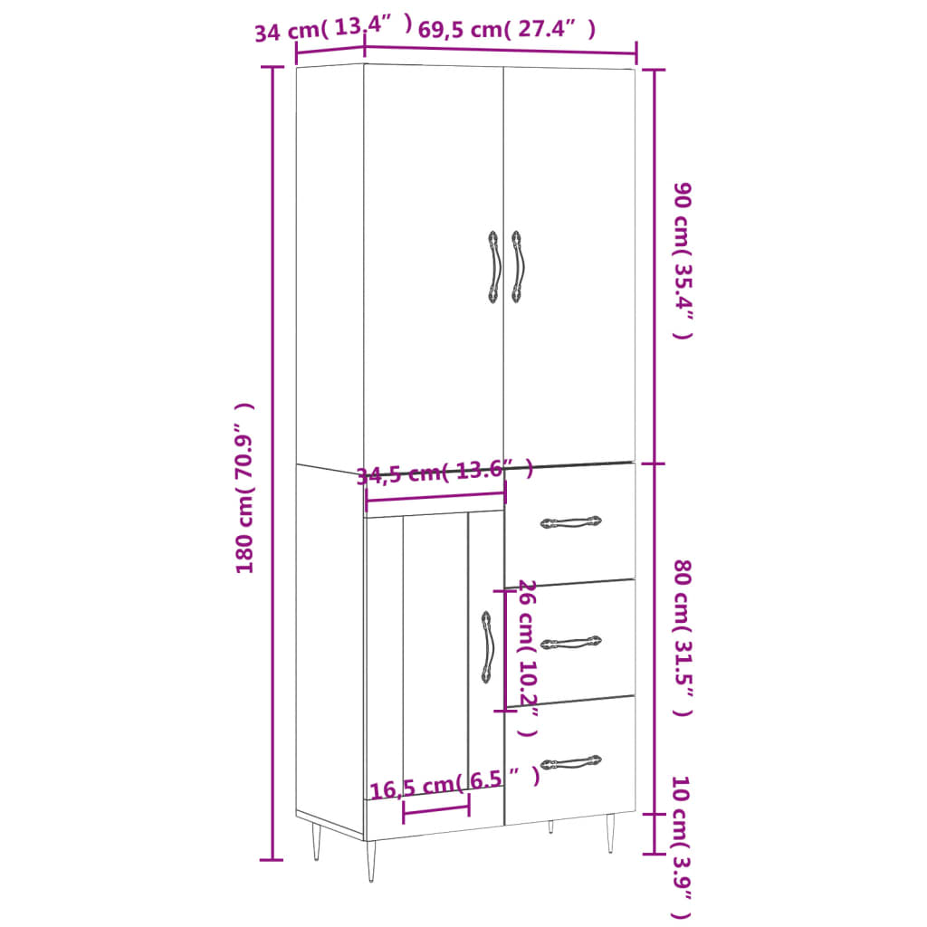 vidaXL Hoge kast 69,5x34x180 cm bewerkt hout wit