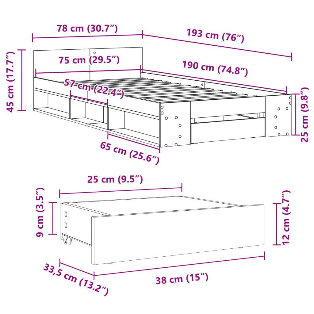 vidaXL Bedframe met lade bewerkt hout zwart 75x190 cm