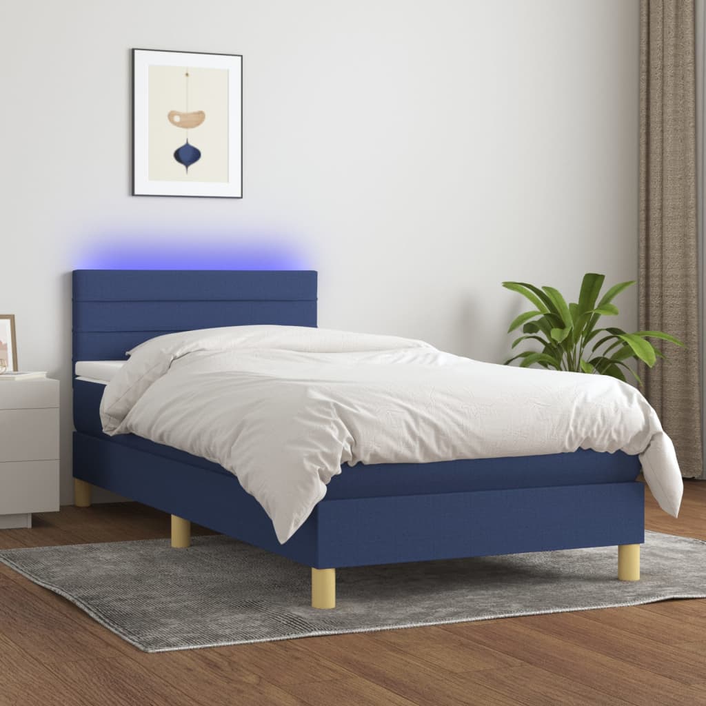 vidaXL Boxspring met matras en LED stof blauw 90x190 cm