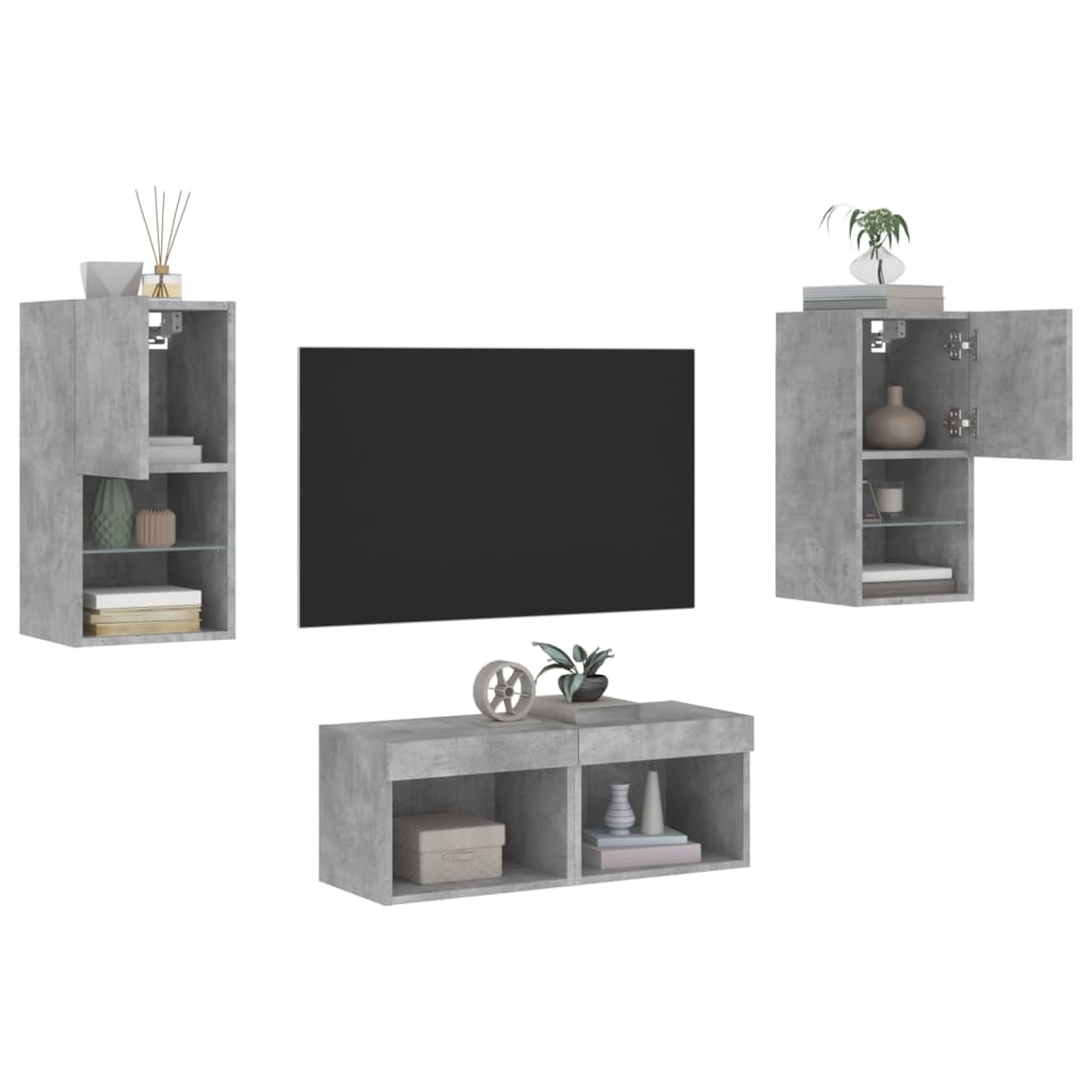 vidaXL 4-delige tv-wandmeubelset met LED-verlichting betongrijs