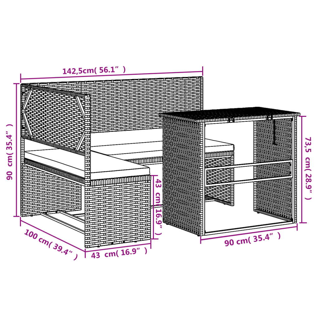 vidaXL Tuinbank met tafel en kussens L-vormig poly rattan grijs