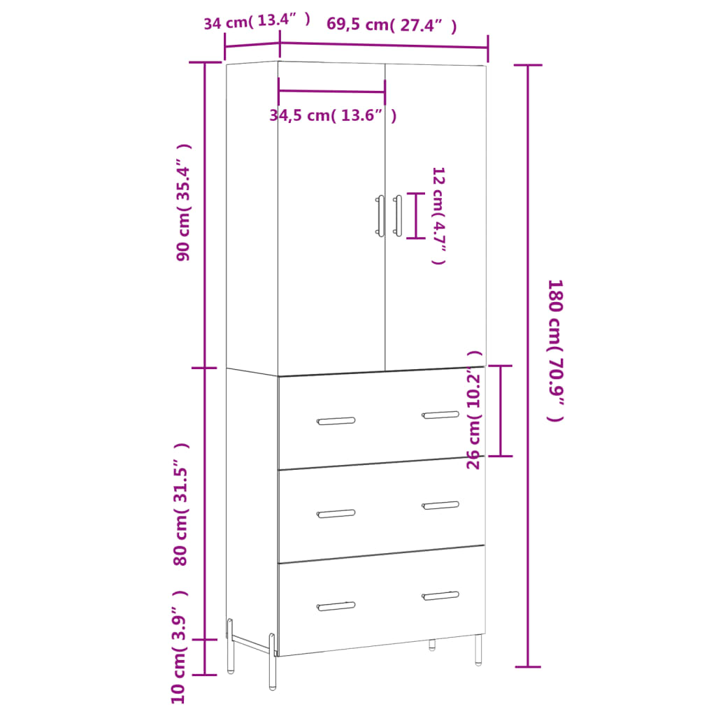 vidaXL Hoge kast 69,5x34x180 cm bewerkt hout hoogglans wit