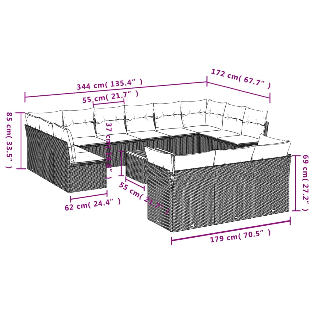 vidaXL 14-delige Loungeset met kussens poly rattan grijs