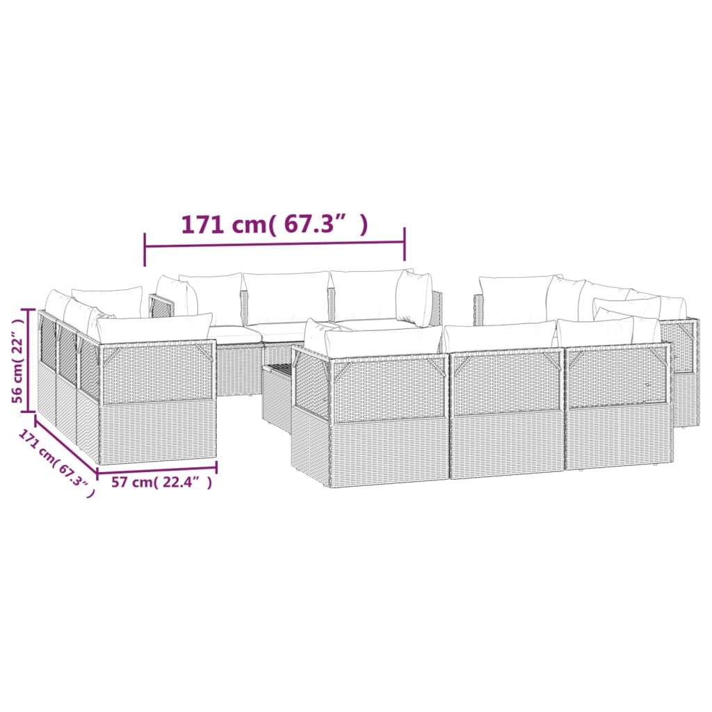 vidaXL 13-delige Loungeset met kussens poly rattan grijs