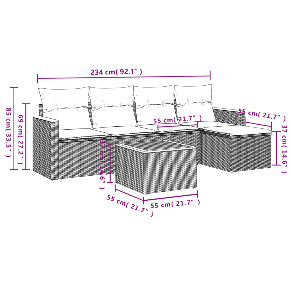 vidaXL 6-delige Loungeset met kussens poly rattan gemengd beige