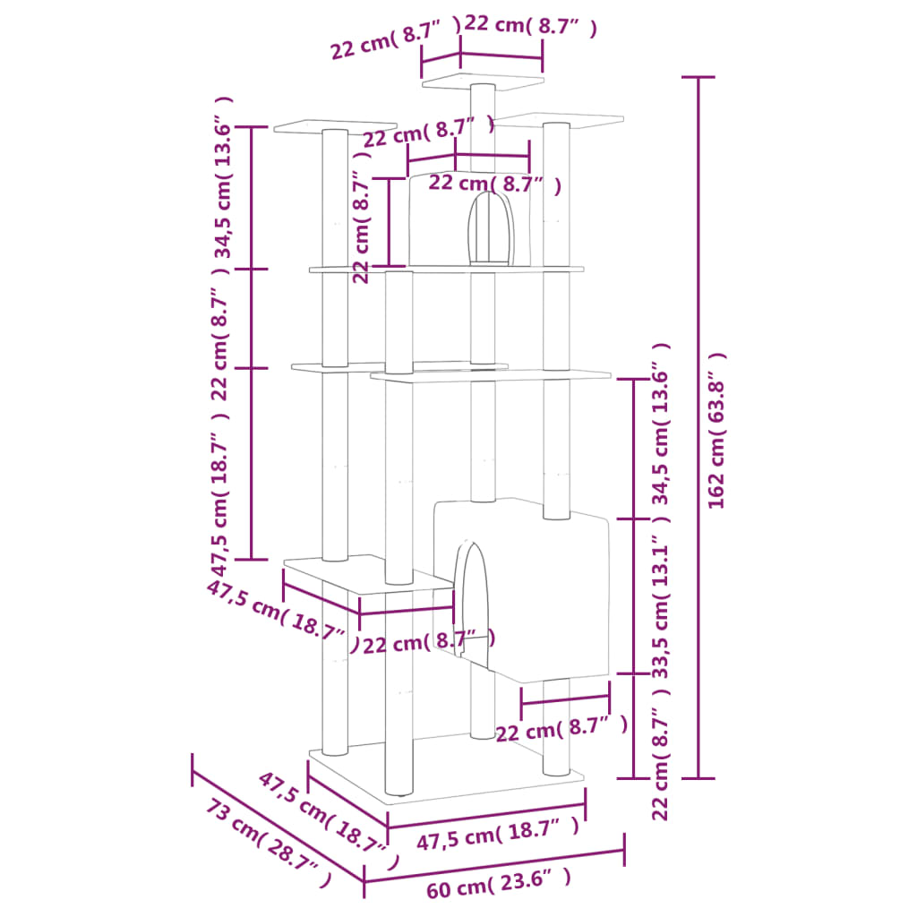 vidaXL Kattenmeubel met sisal krabpalen 162 cm crèmekleurig
