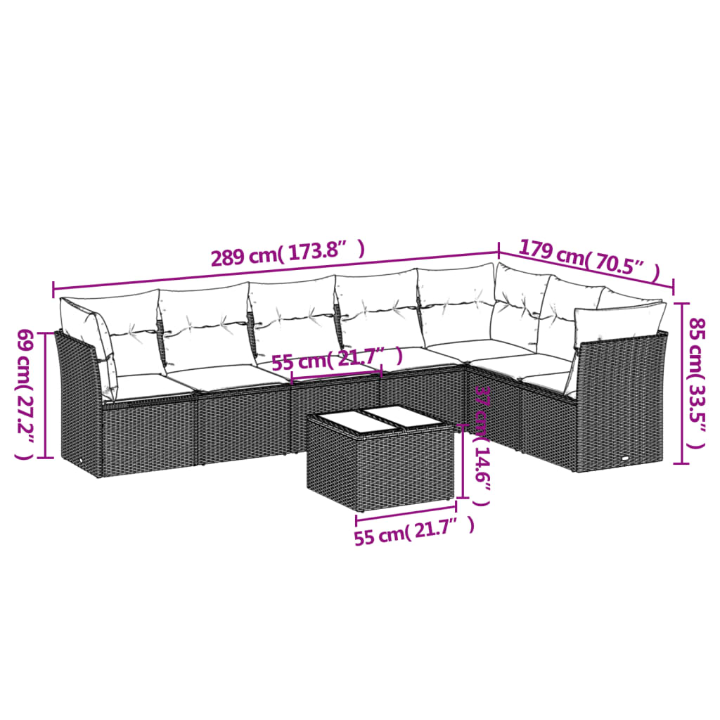 vidaXL 8-delige Loungeset met kussens poly rattan zwart