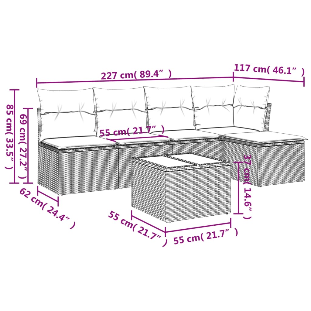 vidaXL 6-delige Loungeset met kussens poly rattan beige