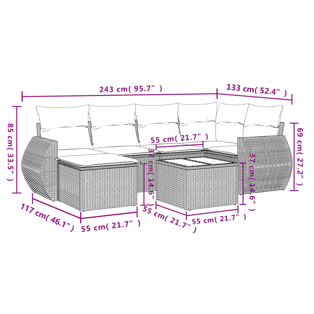 vidaXL 7-delige Loungeset met kussens poly rattan zwart