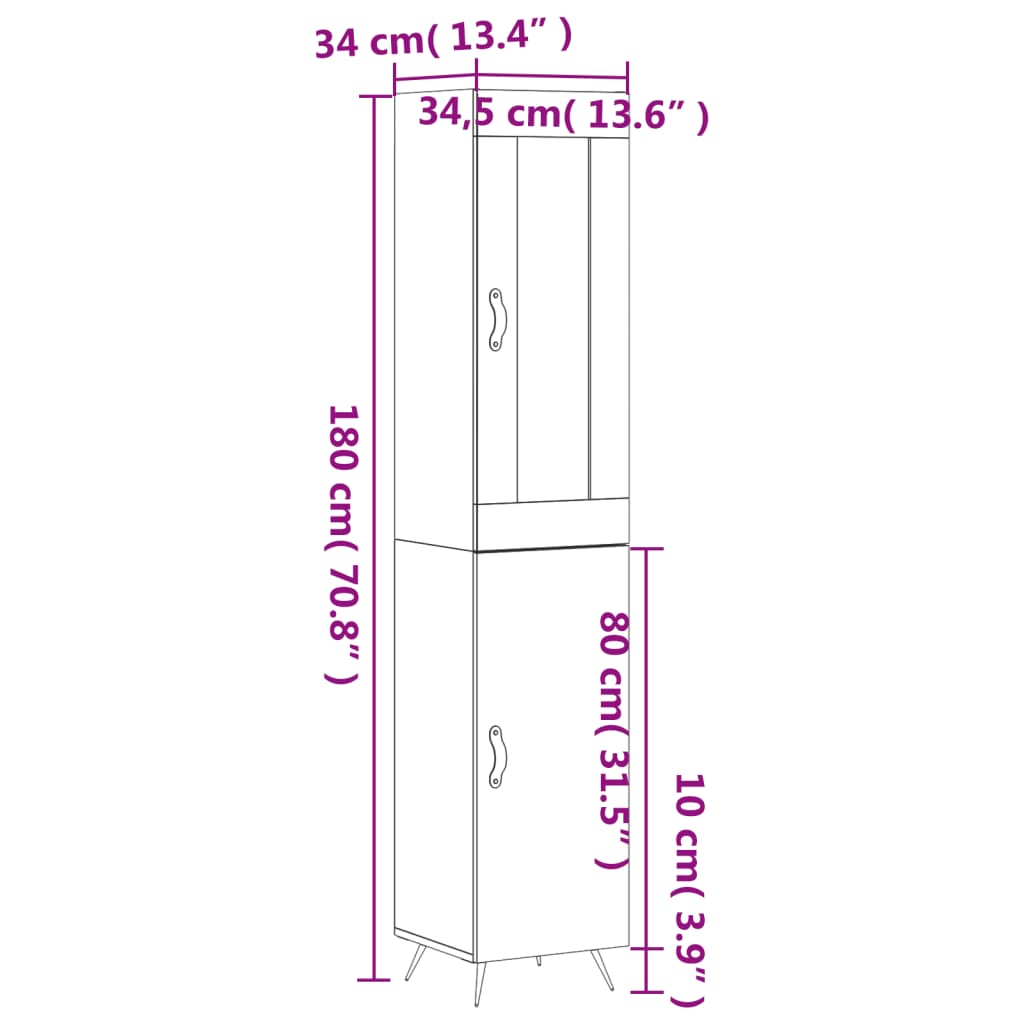 vidaXL Hoge kast 34,5x34x180 cm bewerkt hout grijs sonoma eikenkleurig