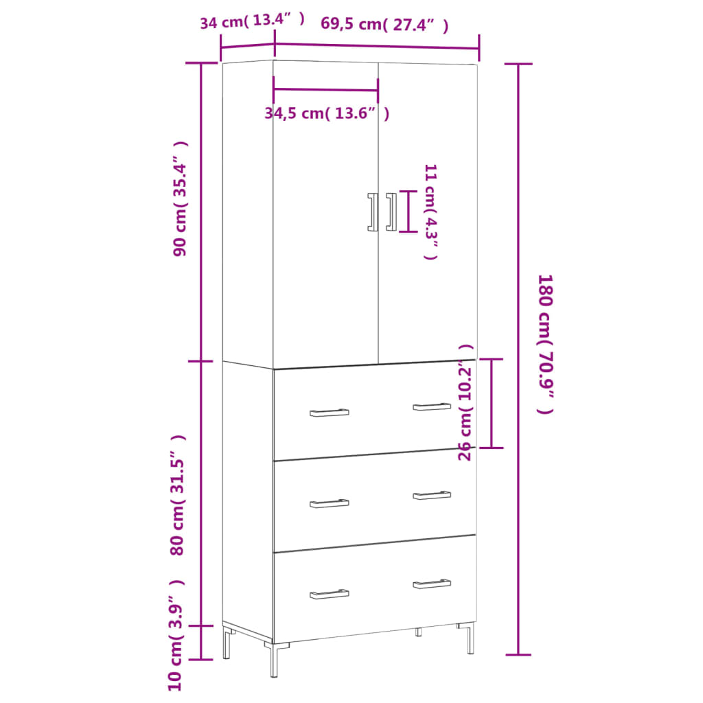 vidaXL Hoge kast 69,5x34x180 cm bewerkt hout grijs sonoma eikenkleurig