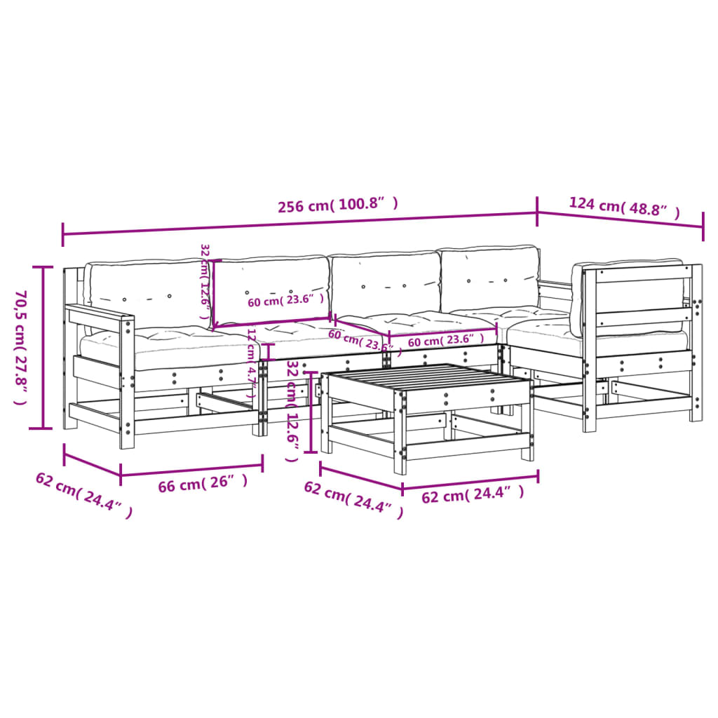 vidaXL 6-delige Loungeset met kussens massief hout zwart