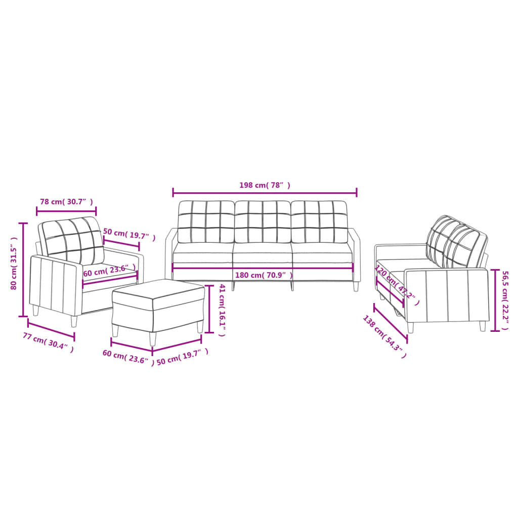 vidaXL 4-delige Loungeset met kussens stof wijnrood