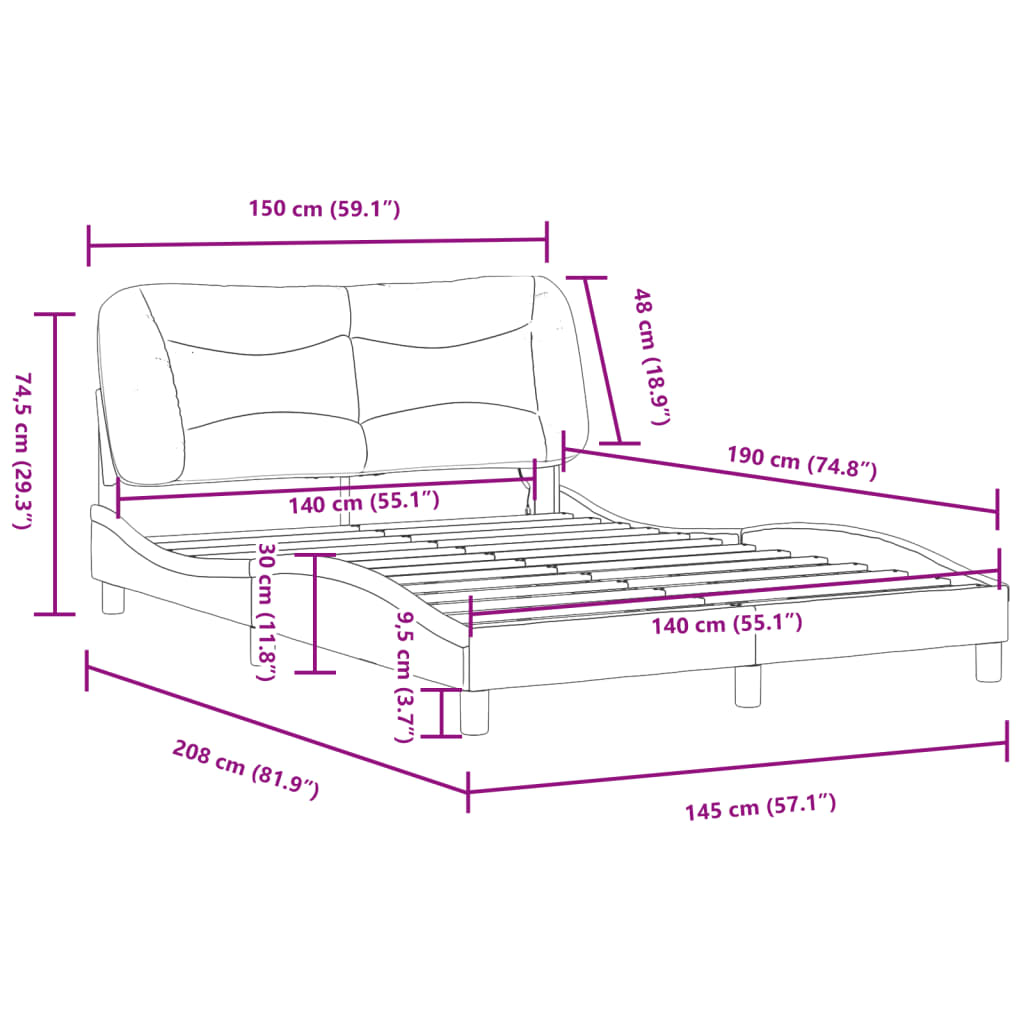 vidaXL Bedframe met LED-verlichting stof lichtgrijs 140x190 cm