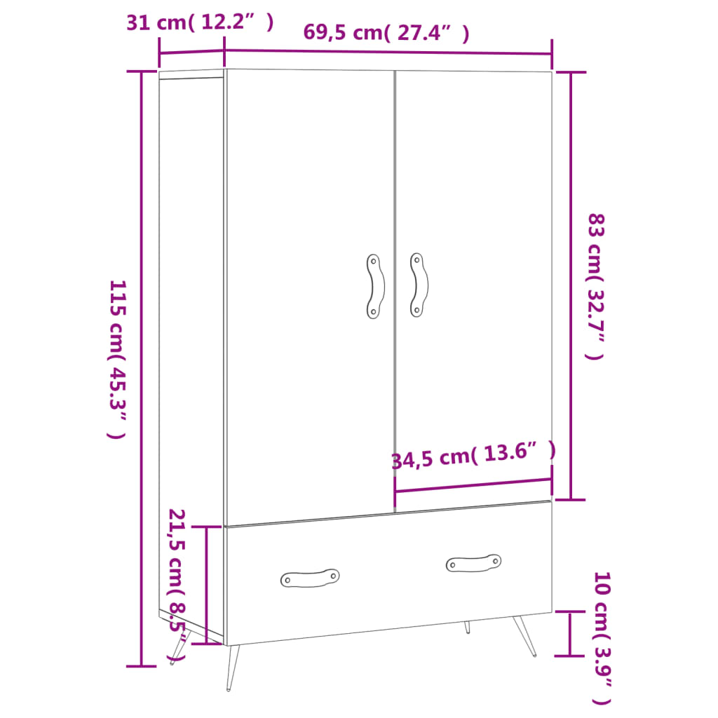 vidaXL Hoge kast 69,5x31x115 cm bewerkt hout wit