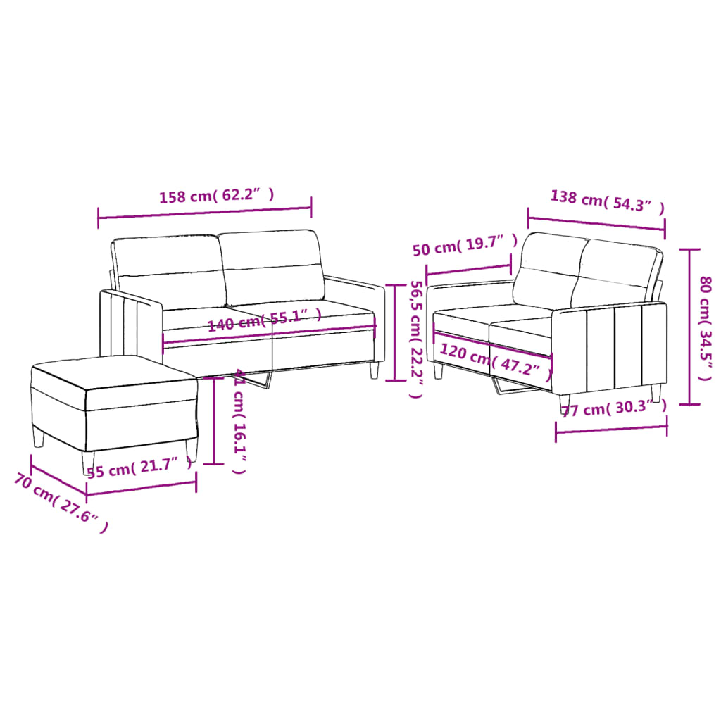vidaXL 3-delige loungeset met kussens stof zwart