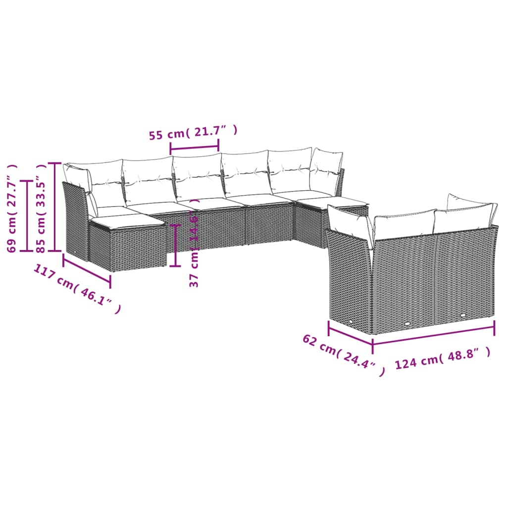 vidaXL 9-delige Loungeset met kussens poly rattan beige