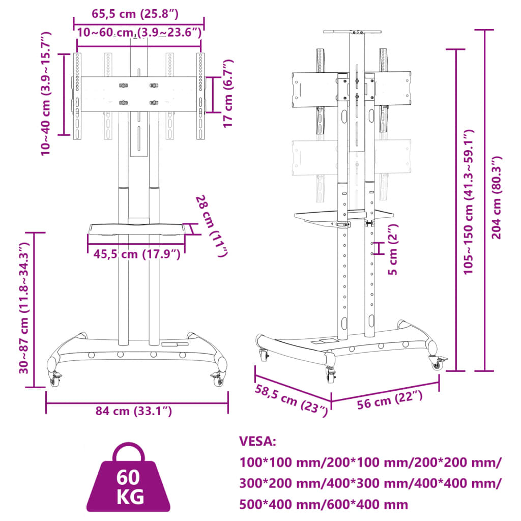 vidaXL TV-standaard wielen 32-70 inch scherm 60 kg Max VESA 600x400 mm