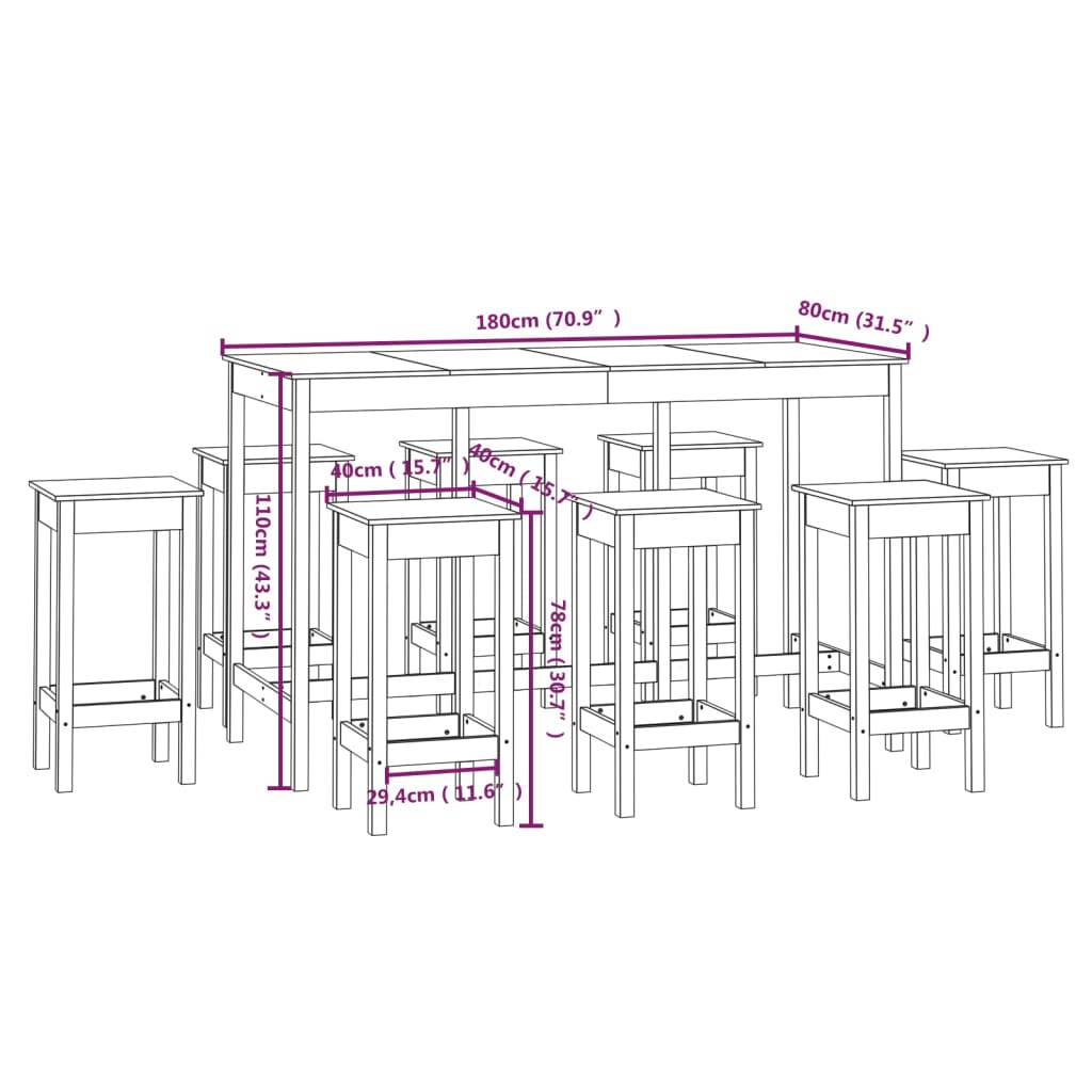 vidaXL 9-delige Barset massief grenenhout wit
