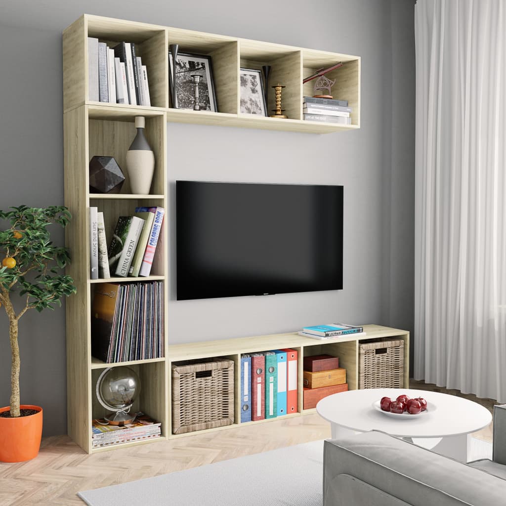 vidaXL 3-delige Boekenkast-/tv-meubelset 180x30x180 cm eikenkleurig