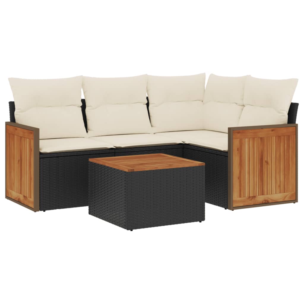 vidaXL 5-delige Loungeset met kussens poly rattan zwart