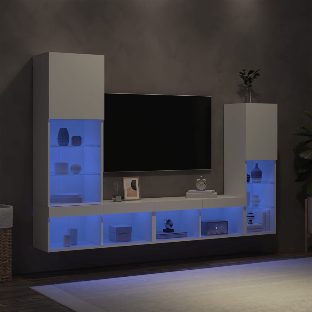 vidaXL 4-delige Tv-wandmeubelset met LED-verlichting bewerkt hout wit