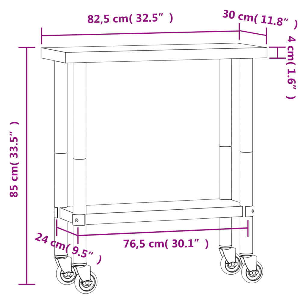 vidaXL Keukenwerktafel met wielen 82,5x30x85 cm roestvrij staal