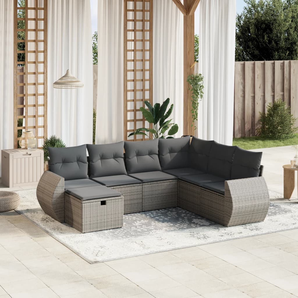 vidaXL 7-delige Loungeset met kussens poly rattan grijs