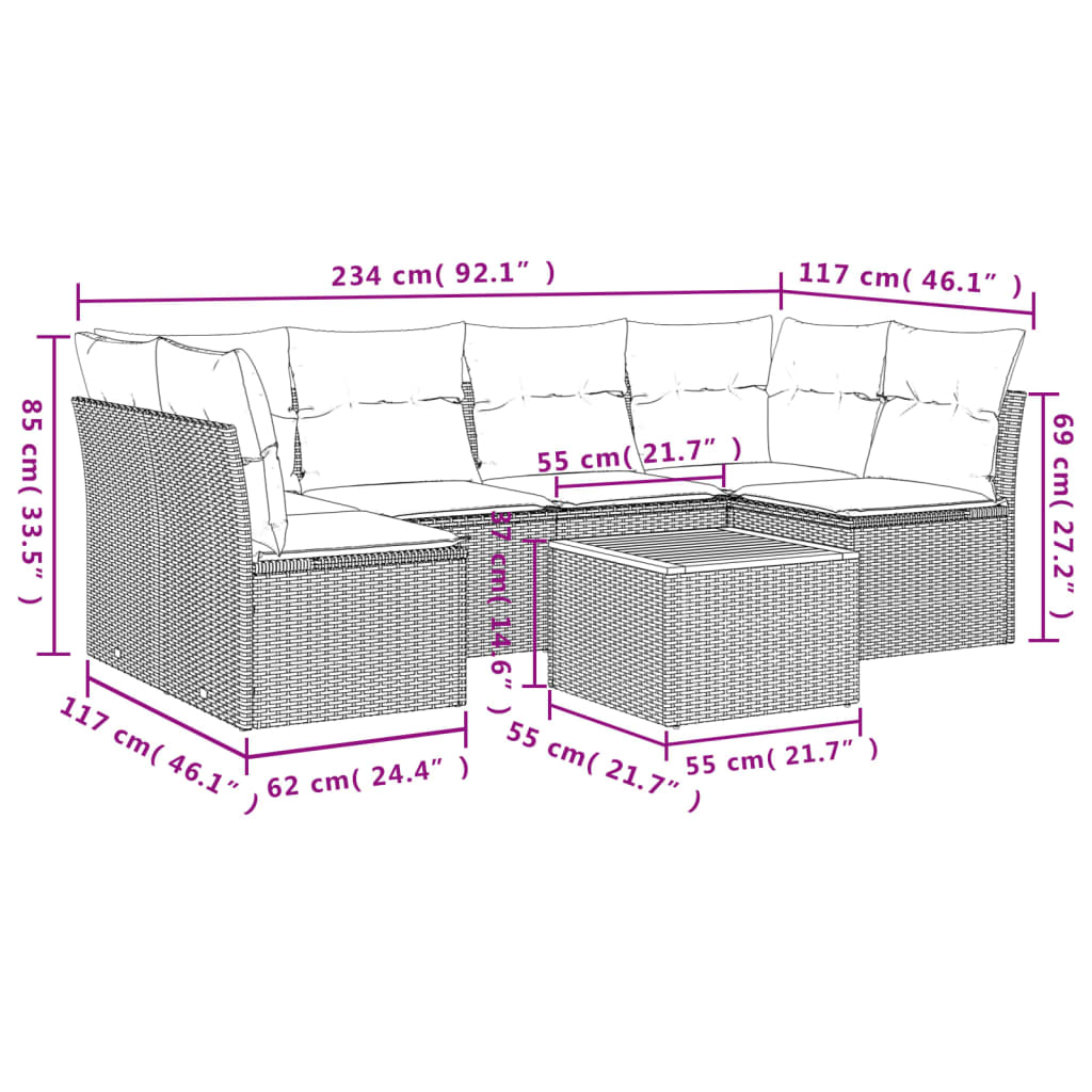 vidaXL 7-delige Loungeset met kussens poly rattan beige