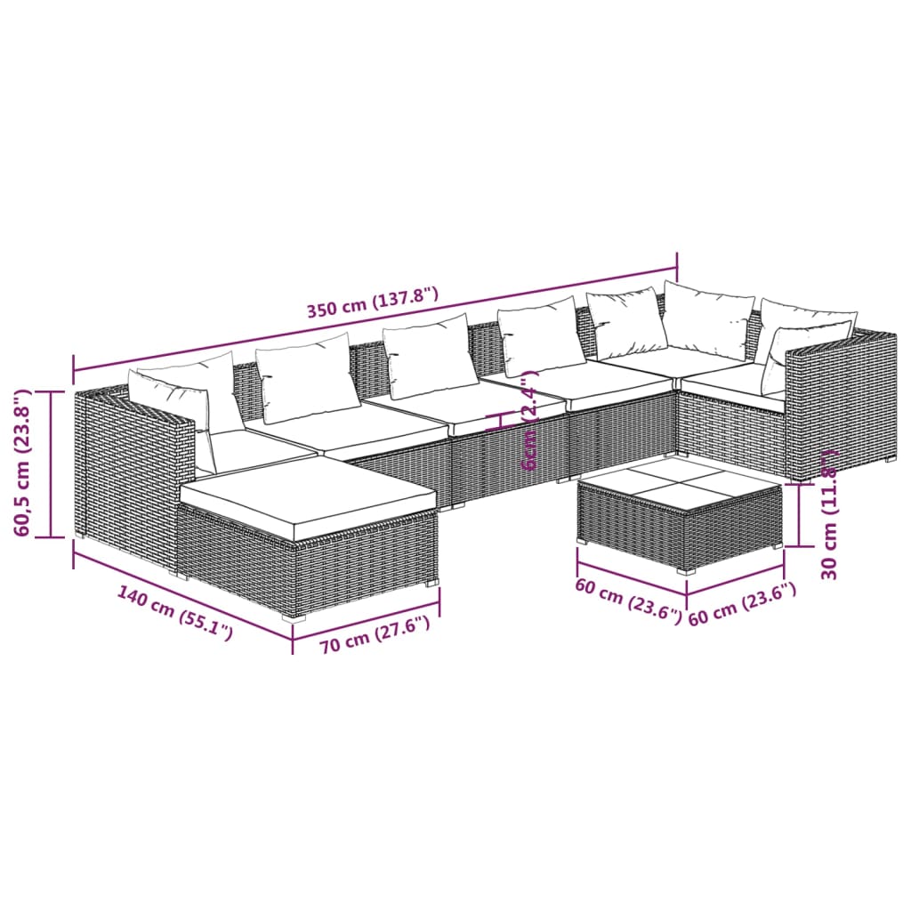 vidaXL 8-delige Loungeset met kussens poly rattan bruin