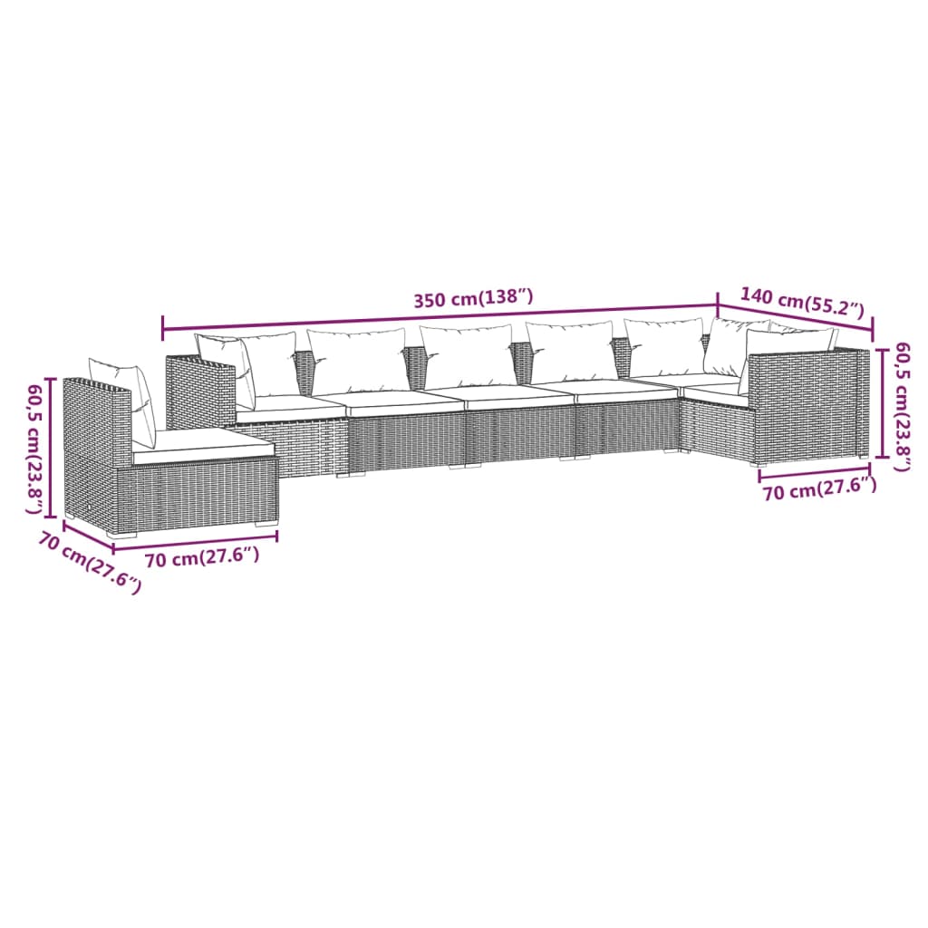 vidaXL 7-delige Loungeset met kussens poly rattan zwart