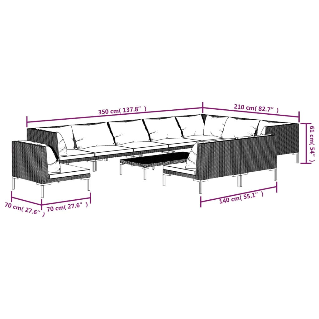 vidaXL 11-delige Loungeset met kussens poly rattan donkergrijs