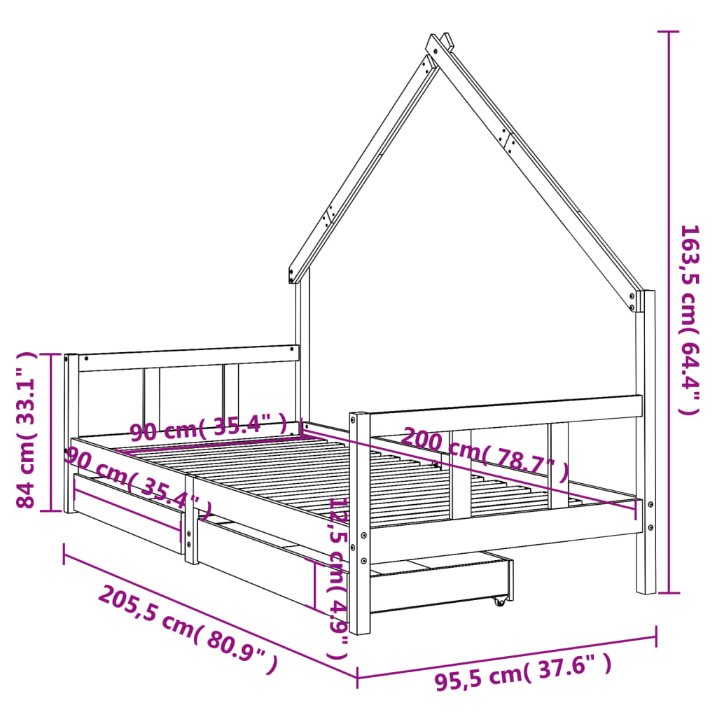 vidaXL Kinderbedframe met lades 90x200 cm massief grenenhout wit