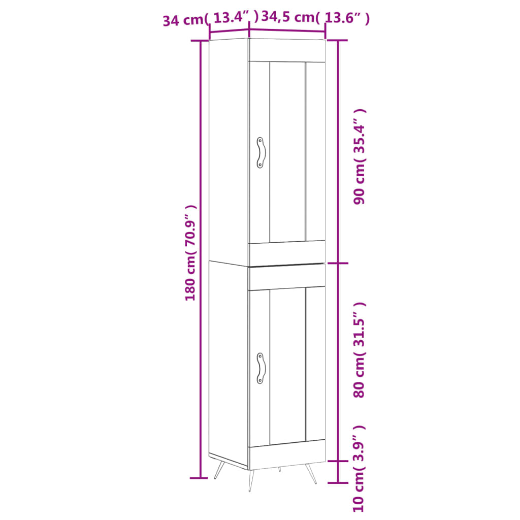 vidaXL Hoge kast 34,5x34x180 cm bewerkt hout hoogglans wit