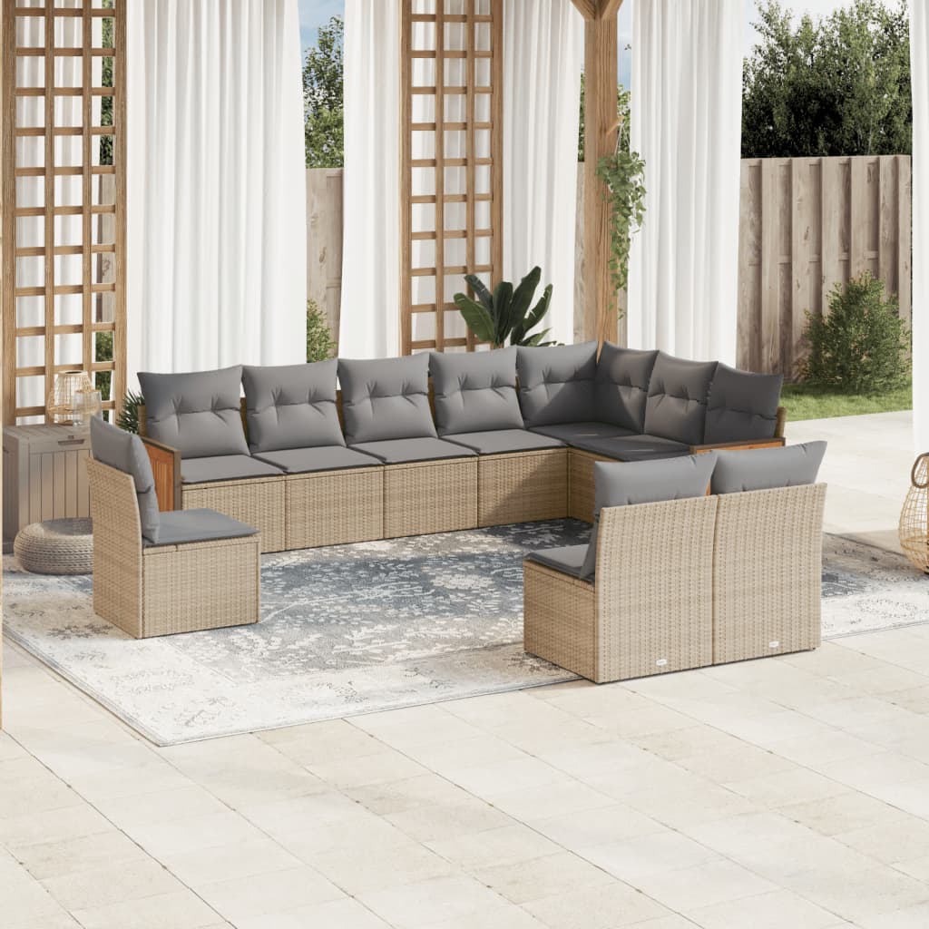 vidaXL 10-delige Loungeset met kussens poly rattan beige