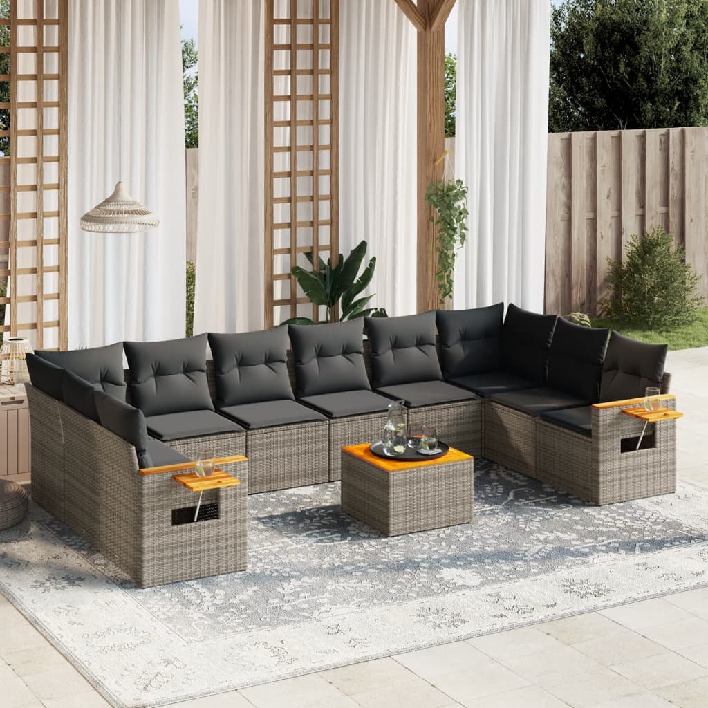 vidaXL 11-delige Loungeset met kussens poly rattan grijs