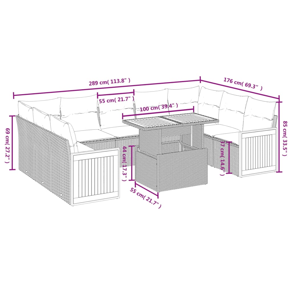 vidaXL 10-delige Loungeset met kussens poly rattan zwart