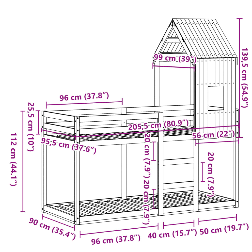 vidaXL Stapelbedframe zonder matras massief grenenhout 90x200 cm